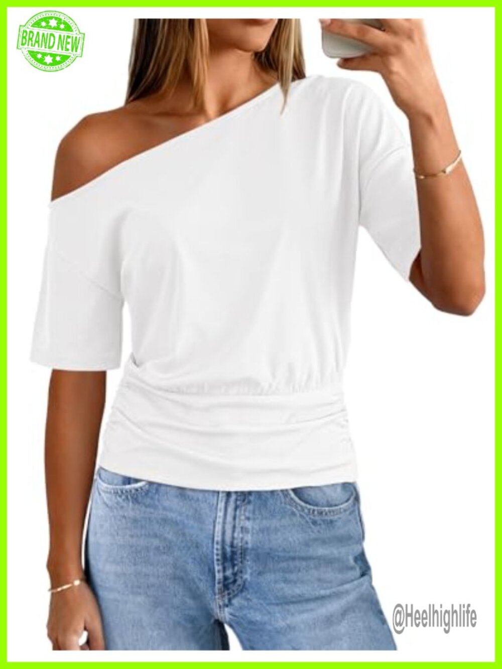 Off Shoulder Asymmetrical Neck Short Sleeve Cinched Waist Going Out Top